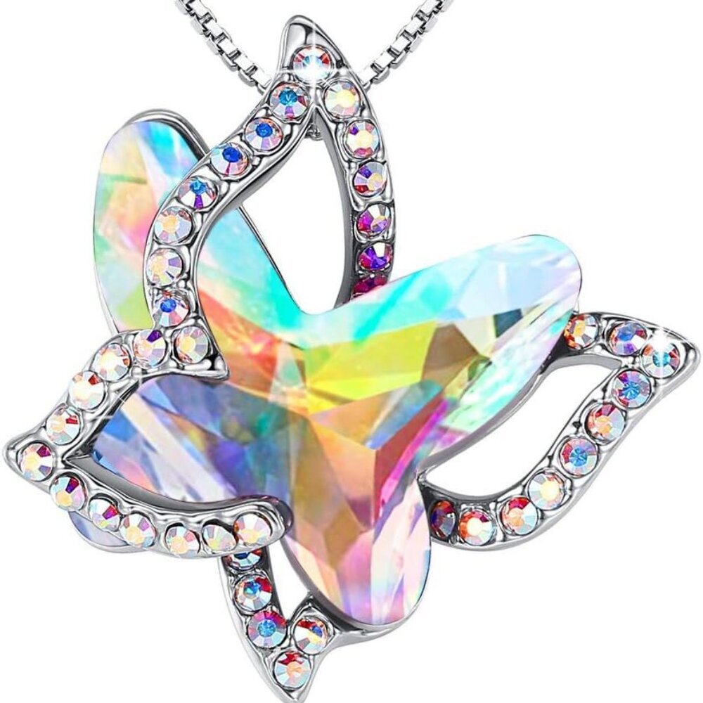 Gift Butterfly Birthstone Crystal Necklace, Silver Tone with 18”+2” Chain, Neckl